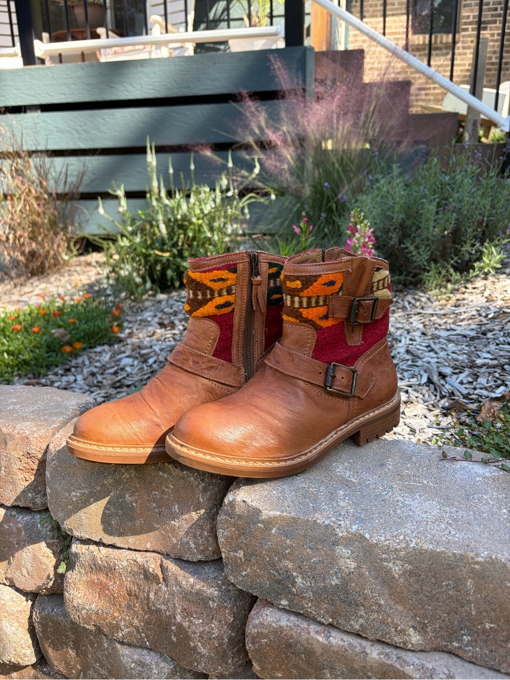 Sofft Brown Leather Ankle Boots with Red and Multicolor Knit Cuff
